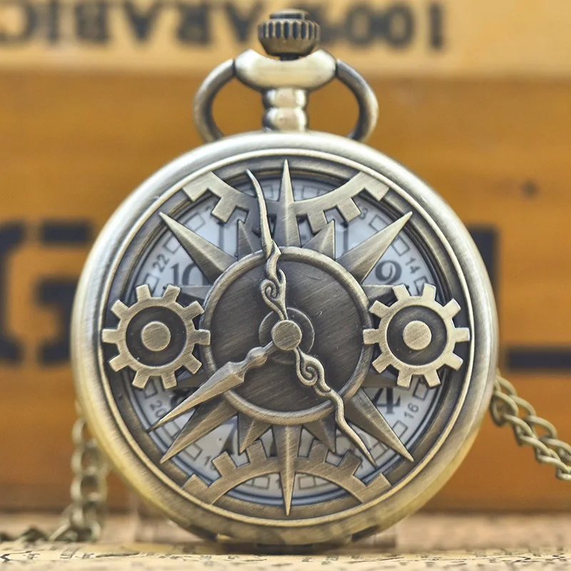 Antigo steampunk bronze oco engrenagem movimento relógio de bolso de quartzo pingente presente com corrente meninos homens