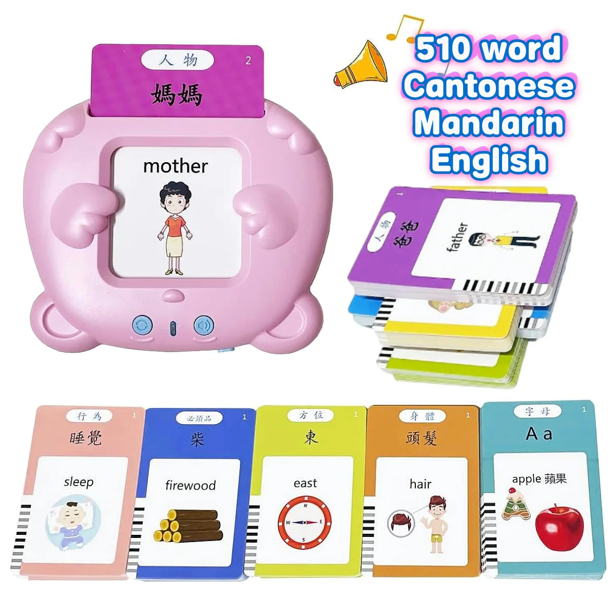 Cantonese Mandarin English Talking Flash Cards, Trilingual Learning Flashcard Toys  for Toddlers, 510 Sight Words,birthday gift