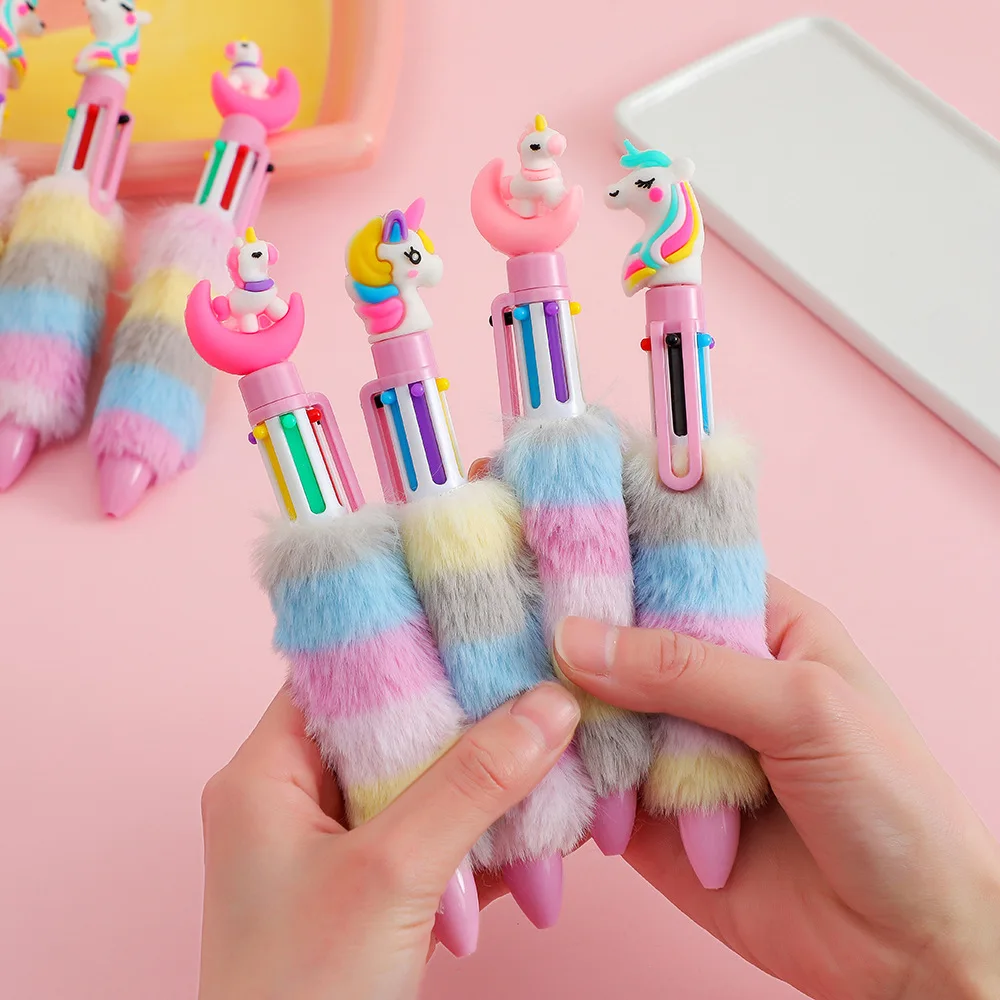 2PCs Unicorn Plush Ball-point ปากกาปากกาลูกลื่นที่มีสีสันนักเรียน Rainbow GEL ปากกาสาวการ์ตูนลายมืออุปกรณ์สํานักงาน