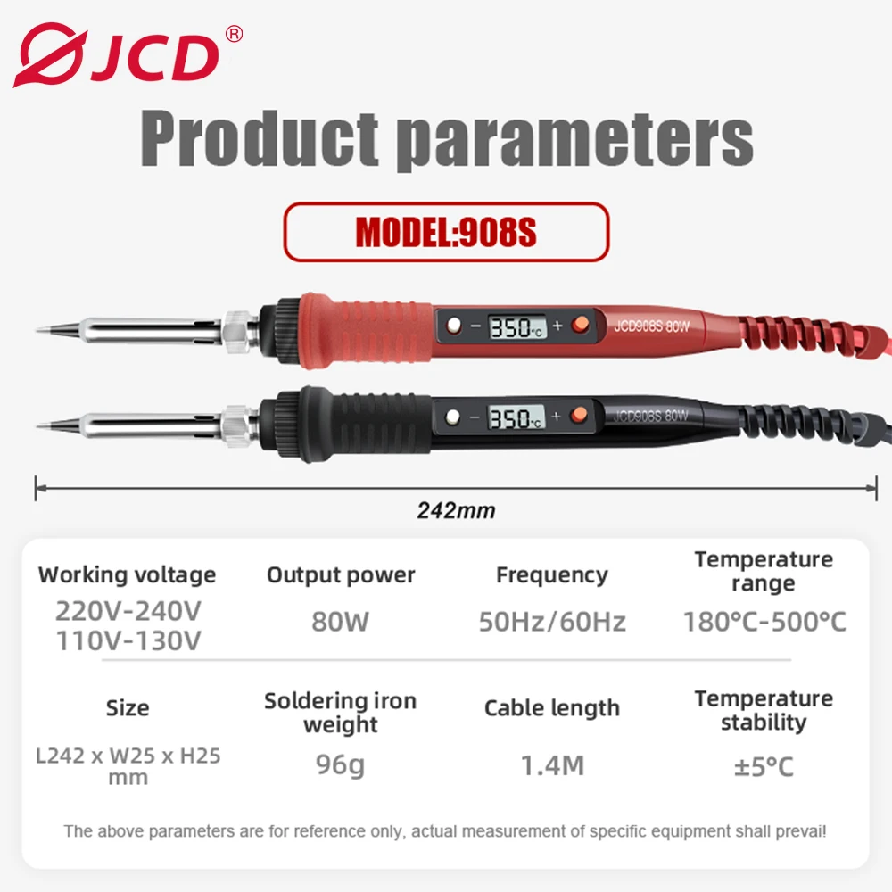 JCD 908S 80W Soldering iron kit Adjustable temperature LCD solder welding tools With Solder Tin Iron Tips 220V 110V 60W 80W