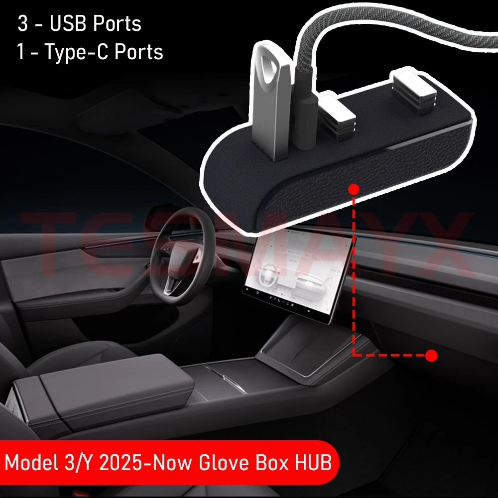 Stacja dokująca do schowka samochodowego Tesla Model 3 Y 3+ Y Juniper, hub USB, porty USB, rozgałęźnik USB 4-w-1, ładowarka, ulepszenie, transfer danych