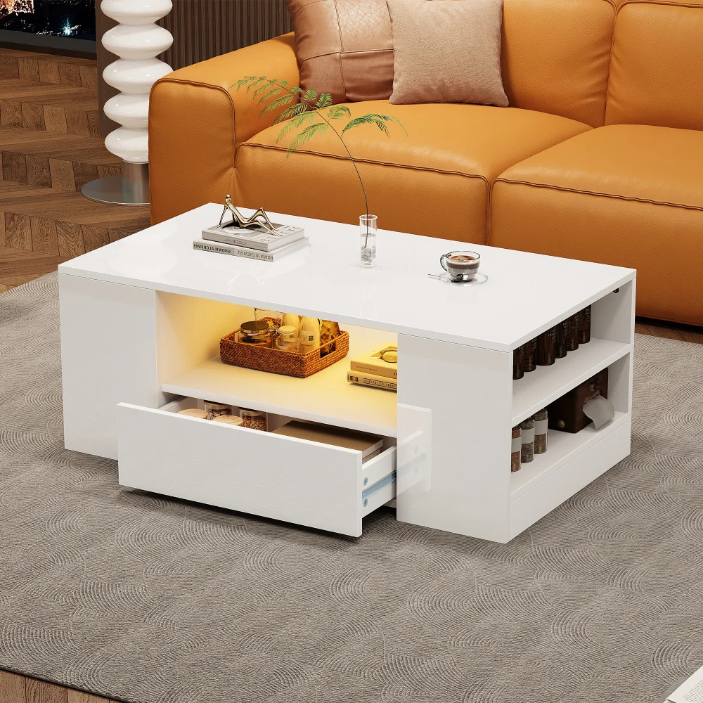 Mesa de centro moderna de alto brilho, móveis para sala de estar, 2 gavetas e 2 prateleiras, sofá, mesa lateral (95 x 53 x 37 cm)