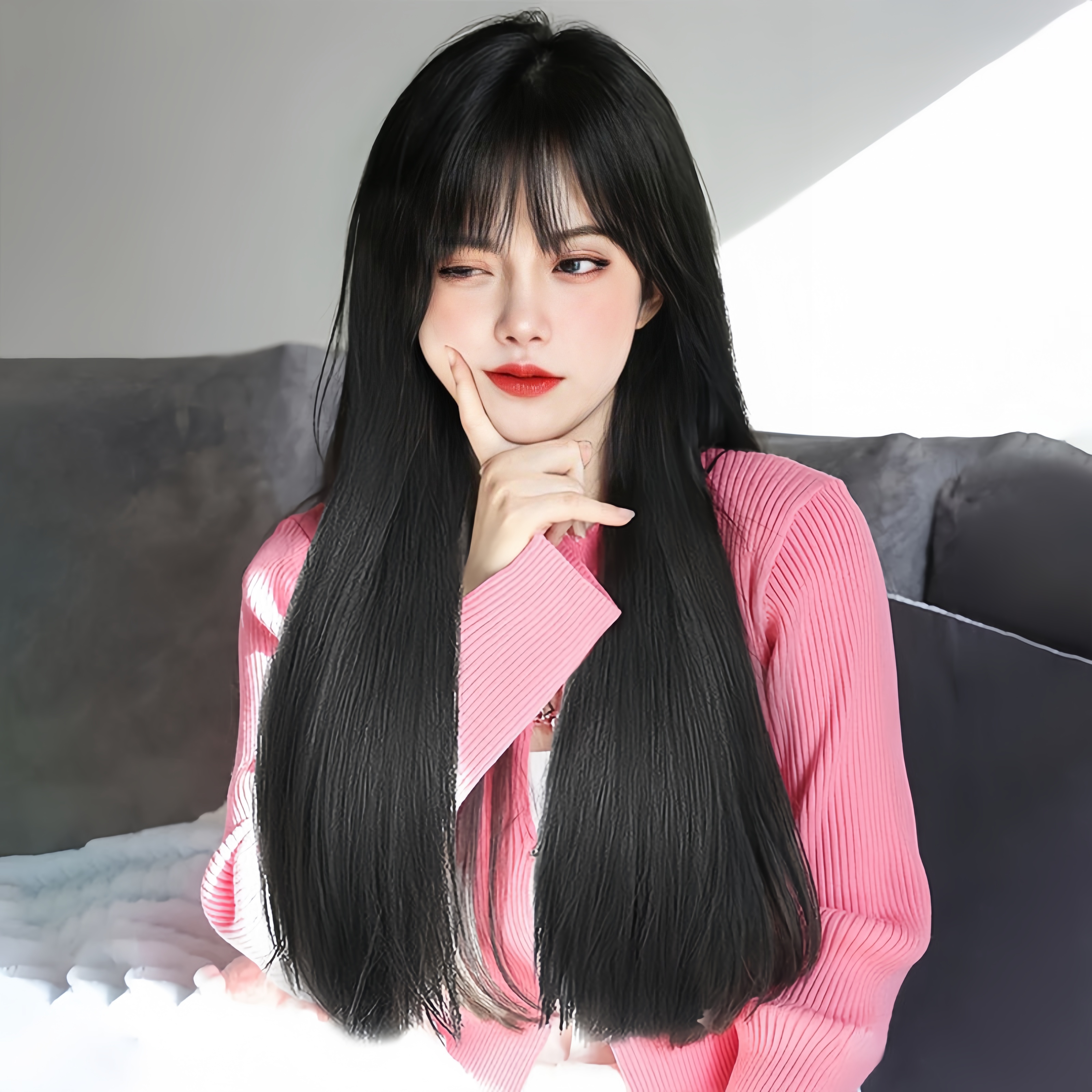 Cabelo longo e reto de fibra sintética com franja de ar para mulheres, glamoroso rosto, preto, bege, cabeça cheia, peruca fashion