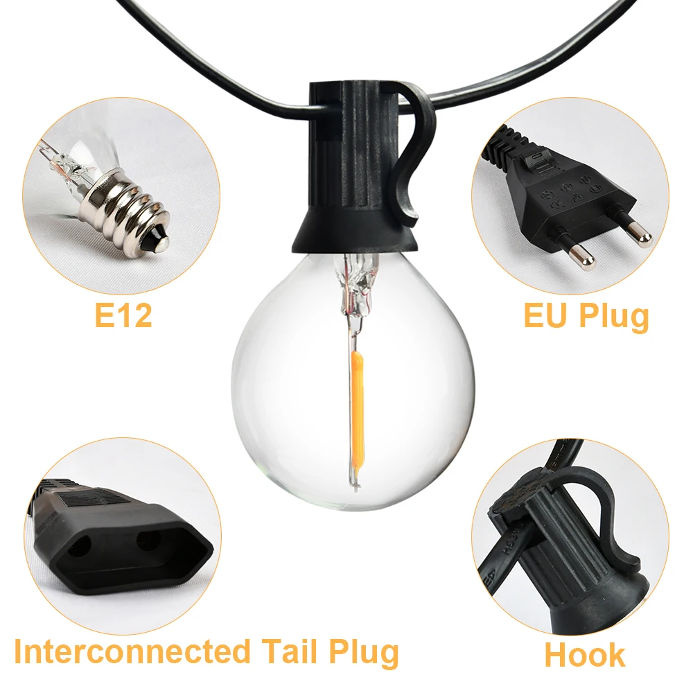 หลอดไฟประดับแบบสาย G40ลูกโลก LED 14ม. 15ม. 18ม. 26ม. ไฟตกแต่งวันคริสต์มาสลาน IP45สำหรับจัดงานแต่งงานในสวนกลางแจ้ง