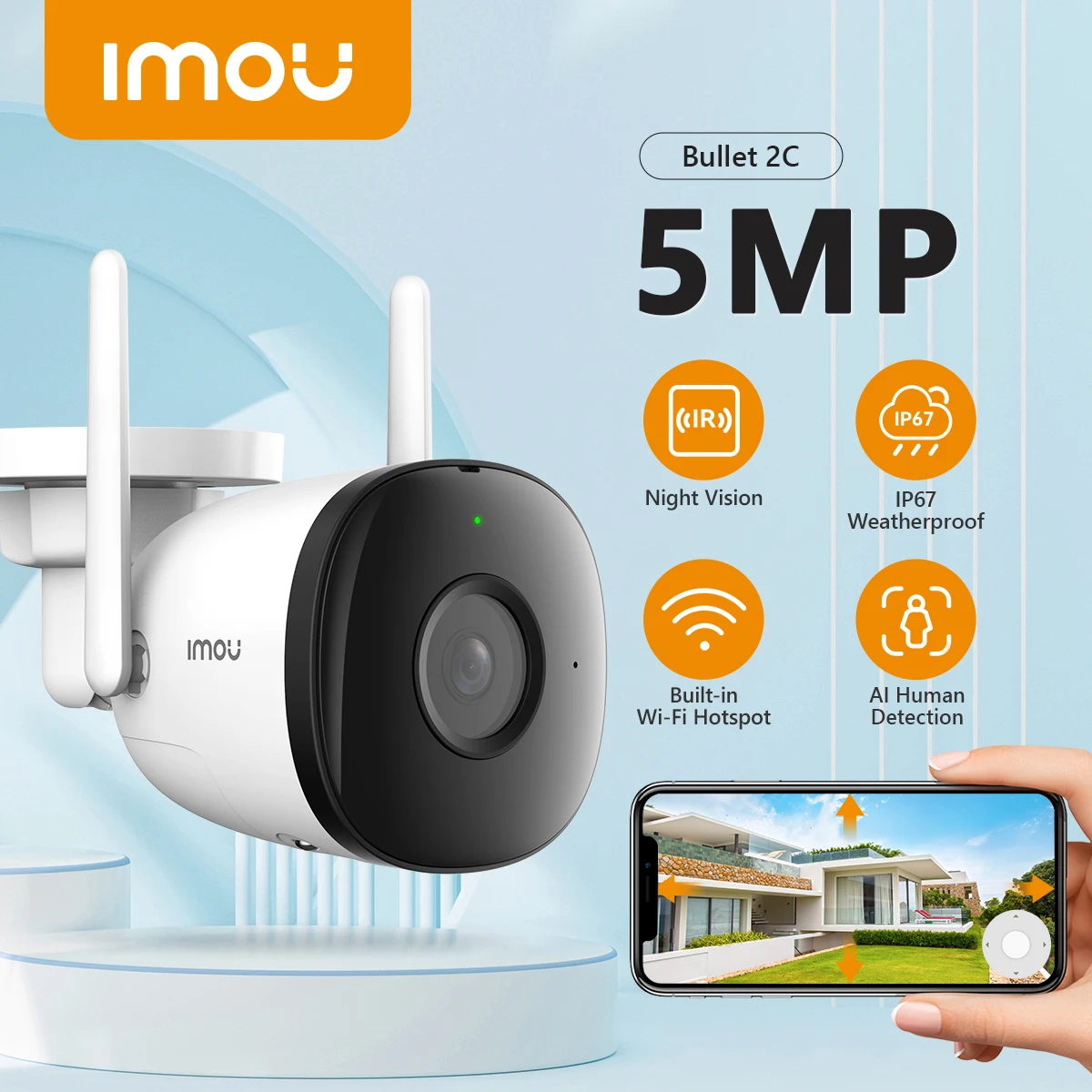 IMOU Outdoor Bullet 2C 5MP Wifi Camera Resistente alle intemperie AI Rilevazione umana Telecamera IP di sorveglianza esterna