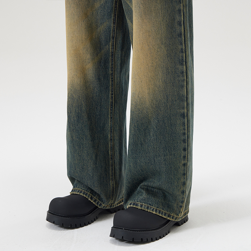 Vintage Distressed Herren Baggy Straight Jeans Frühling Herbst Koreanische High Street Schnurrbart Effekt Denim Hosen Streetwear Hosen