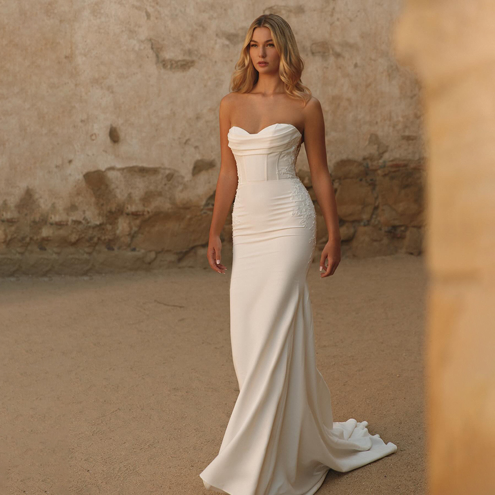Encaje sin tirantes de lujo personalizado para vestido de novia sin mangas superior espalda transparente botones con cremallera vestidos de noche para mujer