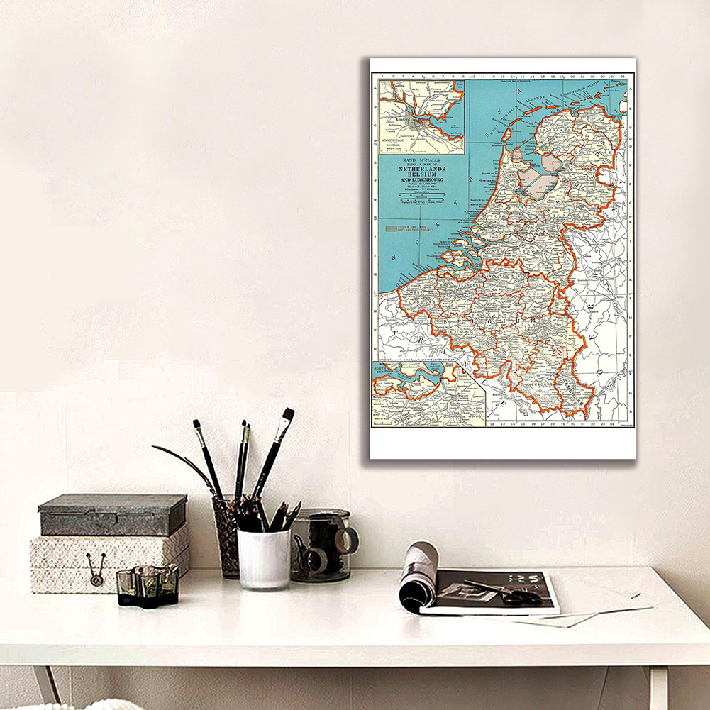 Retro Wall Art Poster, Pintura Canvas, Home Decor, material escolar, A Bélgica e Países Baixos, Mapa de 1936, 100x150cm