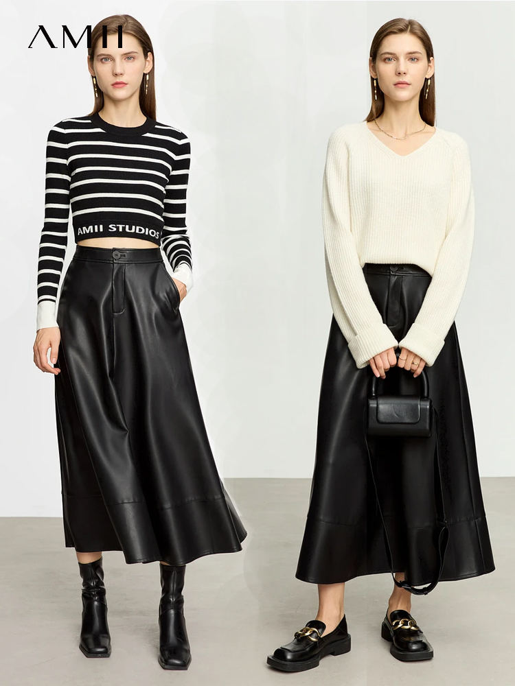 AMII Minimalistische Mode Vrouwen Rok 2023 Herfst Nieuwe Losse Eenvoudige Mid-lengte A-lijn Kantoor Dame PU Leer Effen Rokken 12343134
