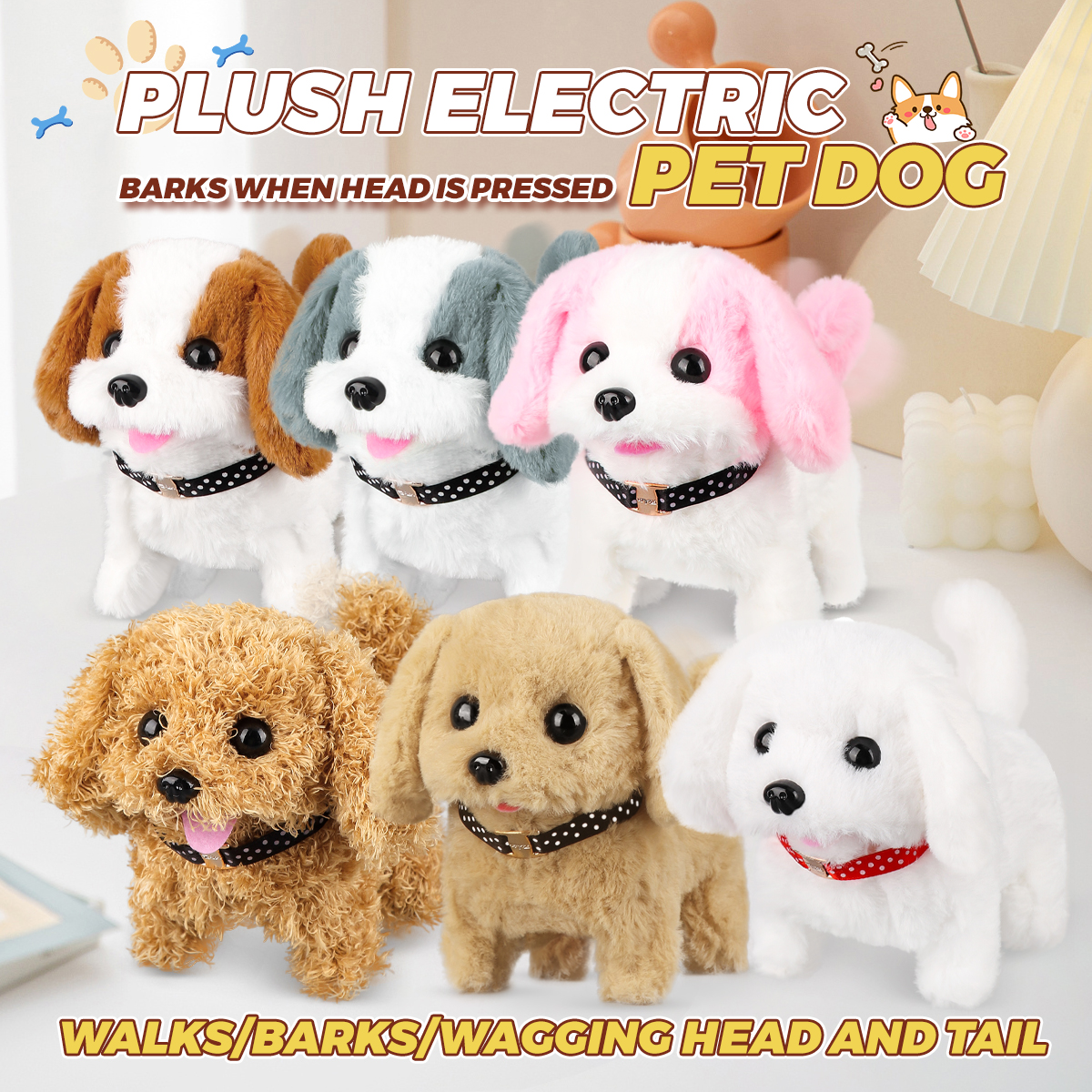 6 estilos de simulação de pelúcia realista cão inteligente crianças brinquedo pode andar e ligar robô de pelúcia elétrico cão de estimação criança natal