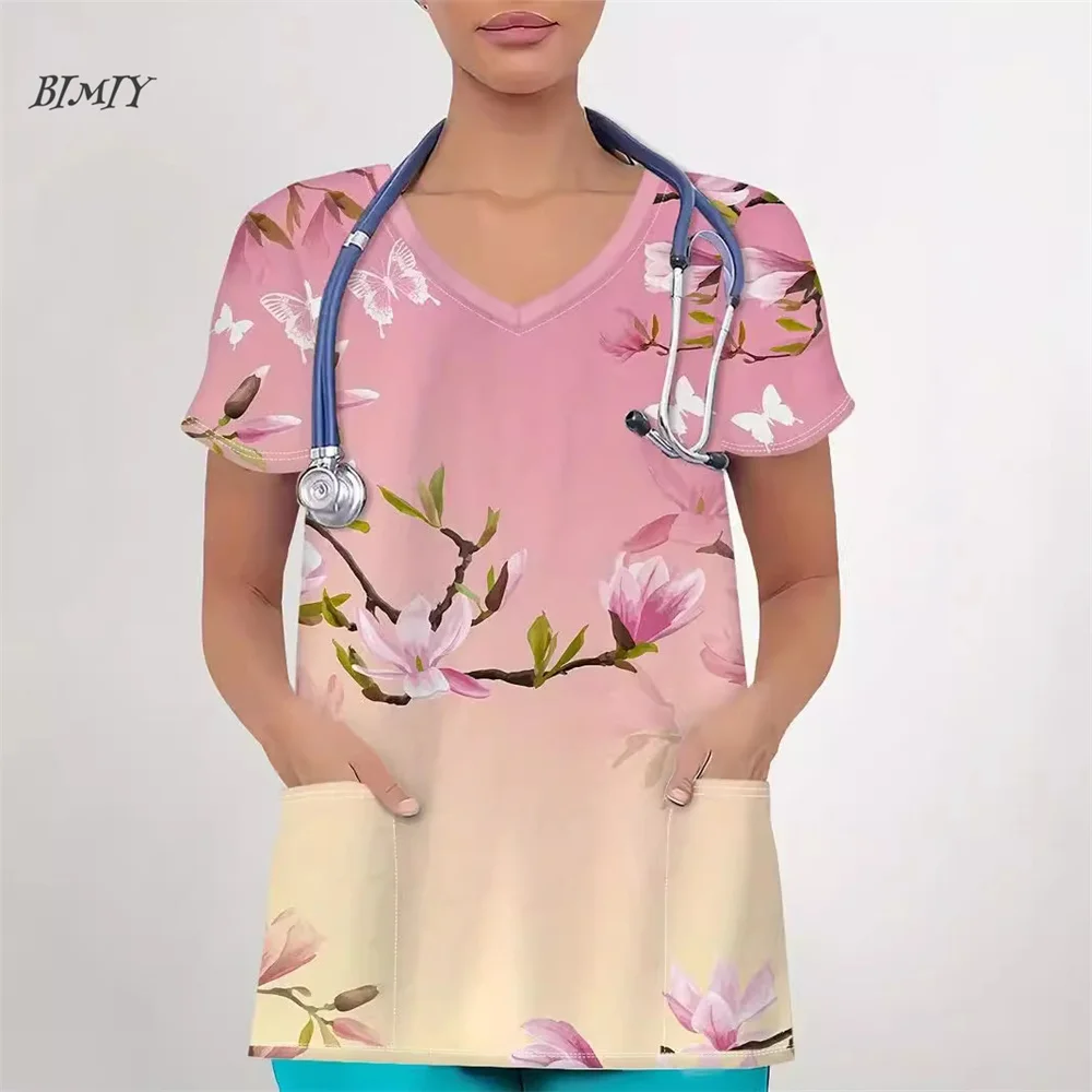 Mulheres trabalho flores camiseta estiramento esfrega uniforme de enfermagem blusa com decote em v manga curta médico esfrega topos com bolsos atacado