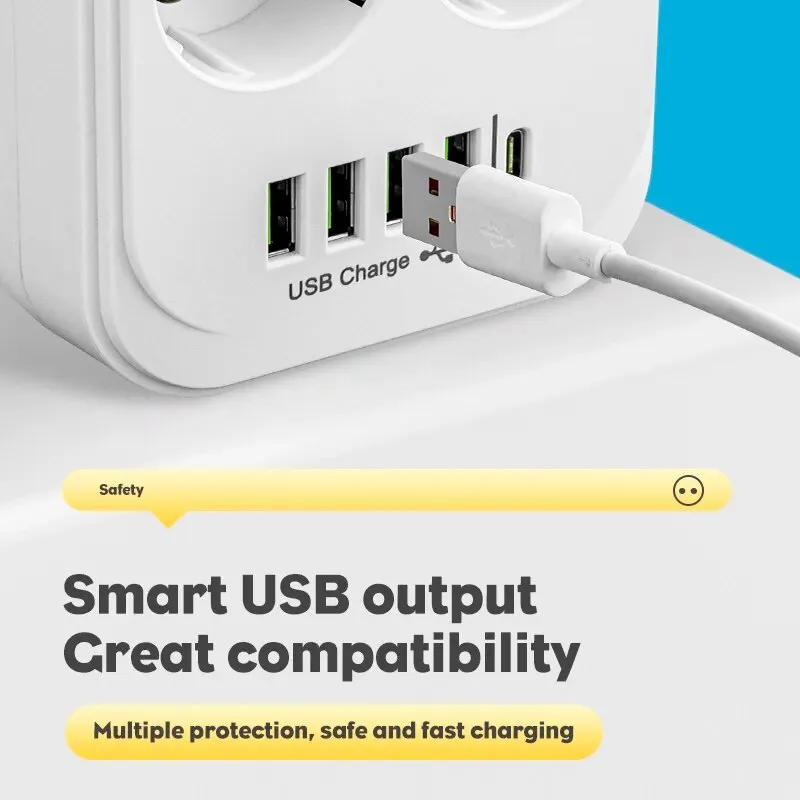 Regleta de corriente alterna con enchufe europeo, cable de extensión multitoque, enchufe eléctrico con 4 puertos USB, carga rápida, filtro de red multifunción