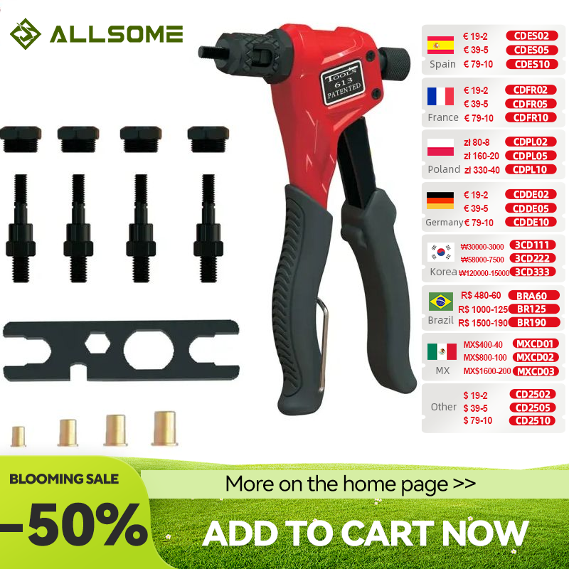ALLSOME Hand Niet Mutter Kit mit 4 Pcs Dorne M3, M4, M5, M6, leicht Handhabung Nieten Niet Pistole Kit w Metric Nase Stück