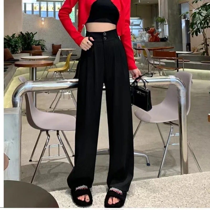 Elegante wijde pijpen broek vrouwen Koreaanse stijl hoge taille zwarte wijde broek kantoor dames mode losse pak broek streetwear