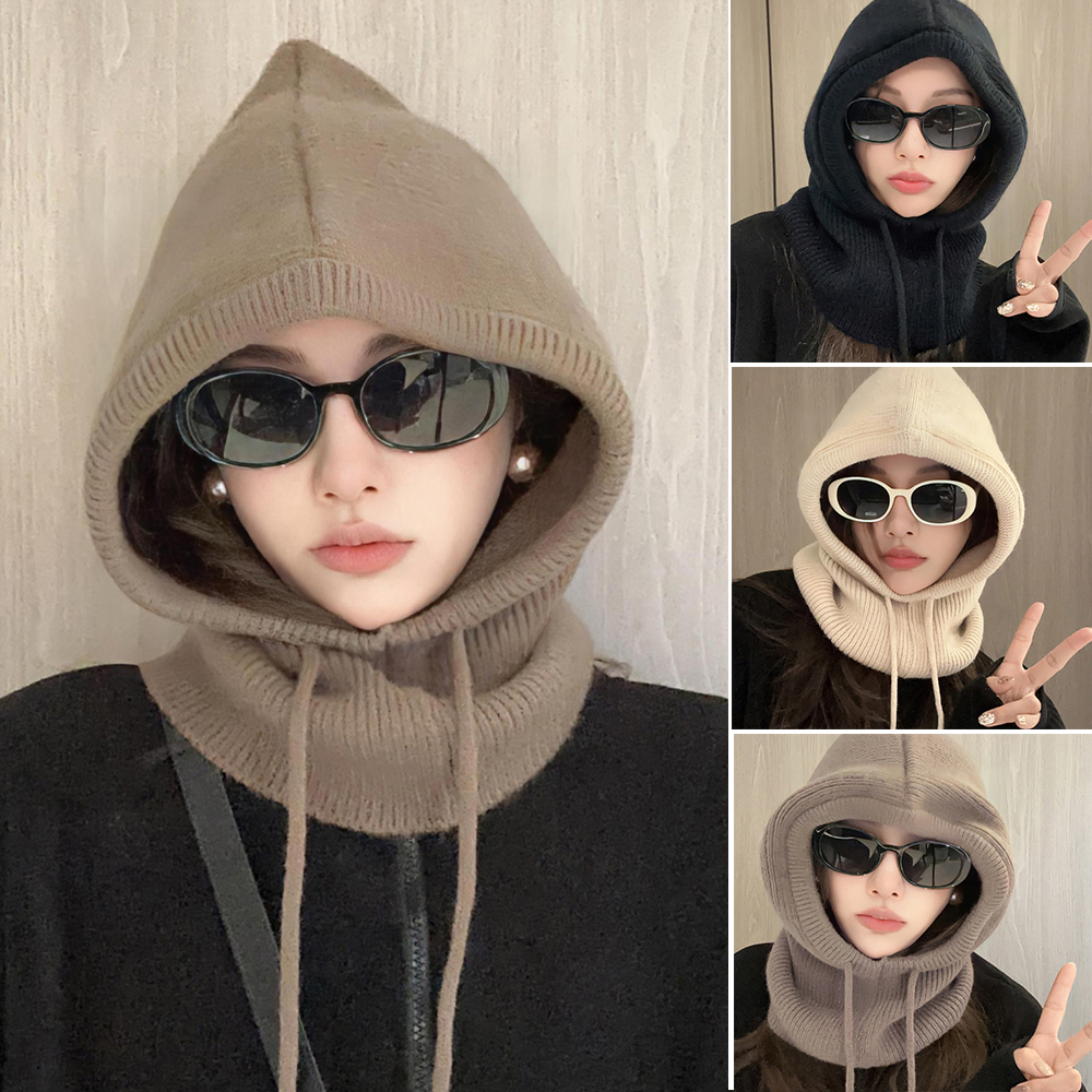Gorros de pasamontañas para mujer, gorros tejidos con capucha, gorros con cordón más cálidos de estilo coreano para invierno, gorros con cuello de una pieza