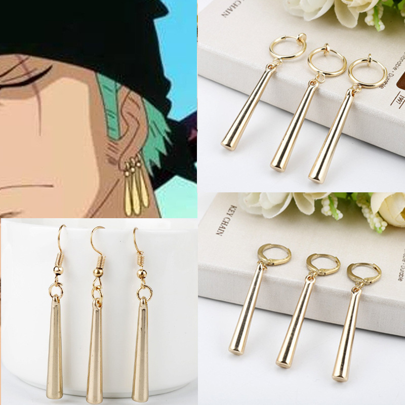 Anime roronoa zoro cosplay brincos sauron clipes de orelha pingente dourado gancho brincos para mulheres homens jóias 3 pçs/set