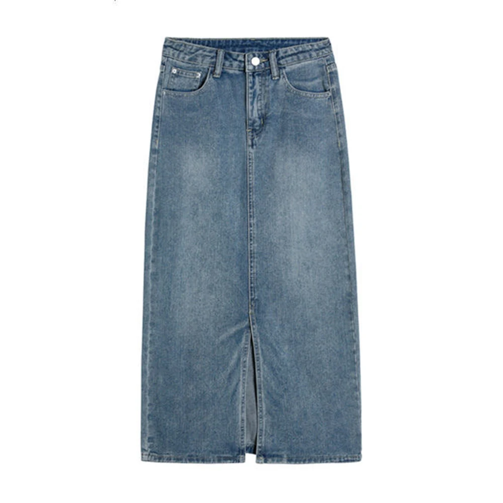 Falda de mezclilla azul lavada de cintura alta para mujer, falda Retro de línea A, bolsillos, abertura frontal, Falda vaquera larga recta, cubierta de cadera, Verano