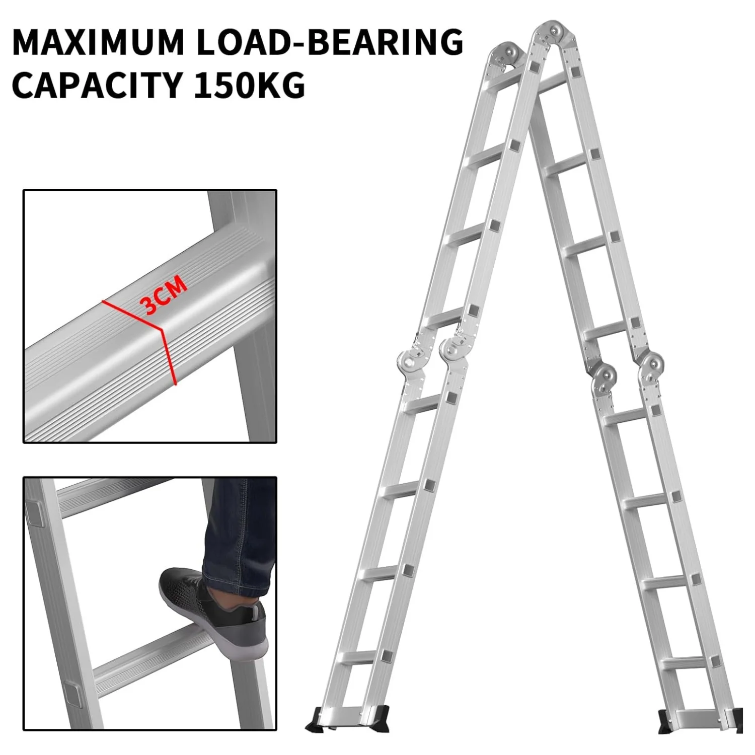 4.7M Folding Ladder 4x4 Aluminium Ladder MultiPurpose Ladder Combination Step Ladder for Home DIY Building Use with Platform
