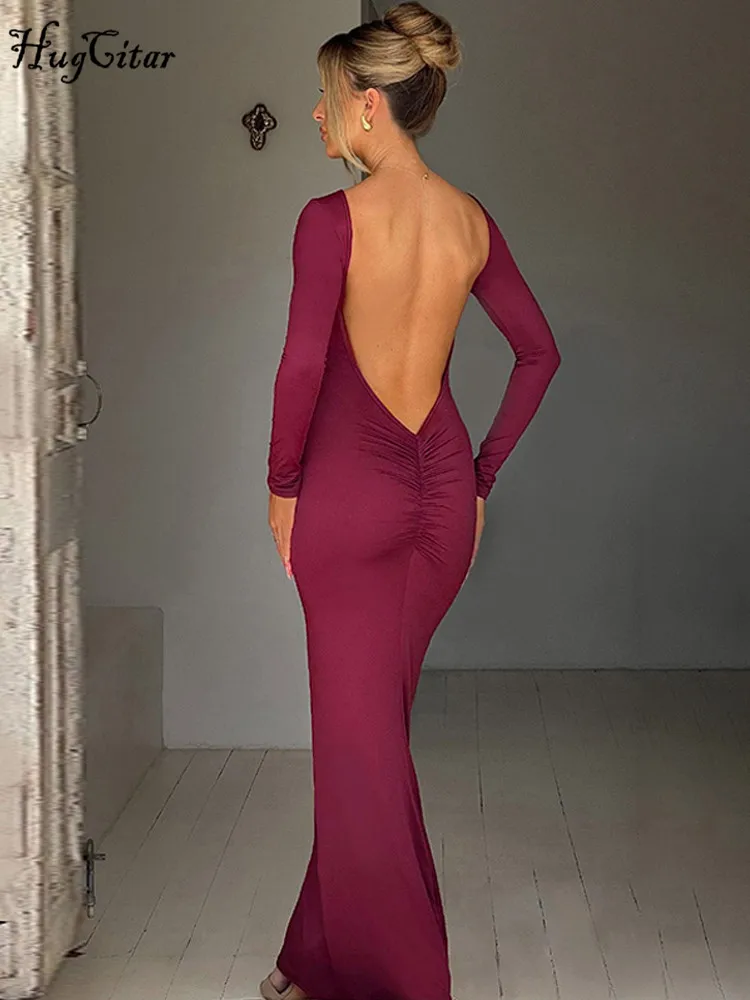 Hugcitarฤดูใบไม้ผลิElegantแขนยาวBackless Cuchedเซ็กซี่Bodycon Maxiชุดราตรีผู้หญิงชุดราตรีเทศกาลY2K