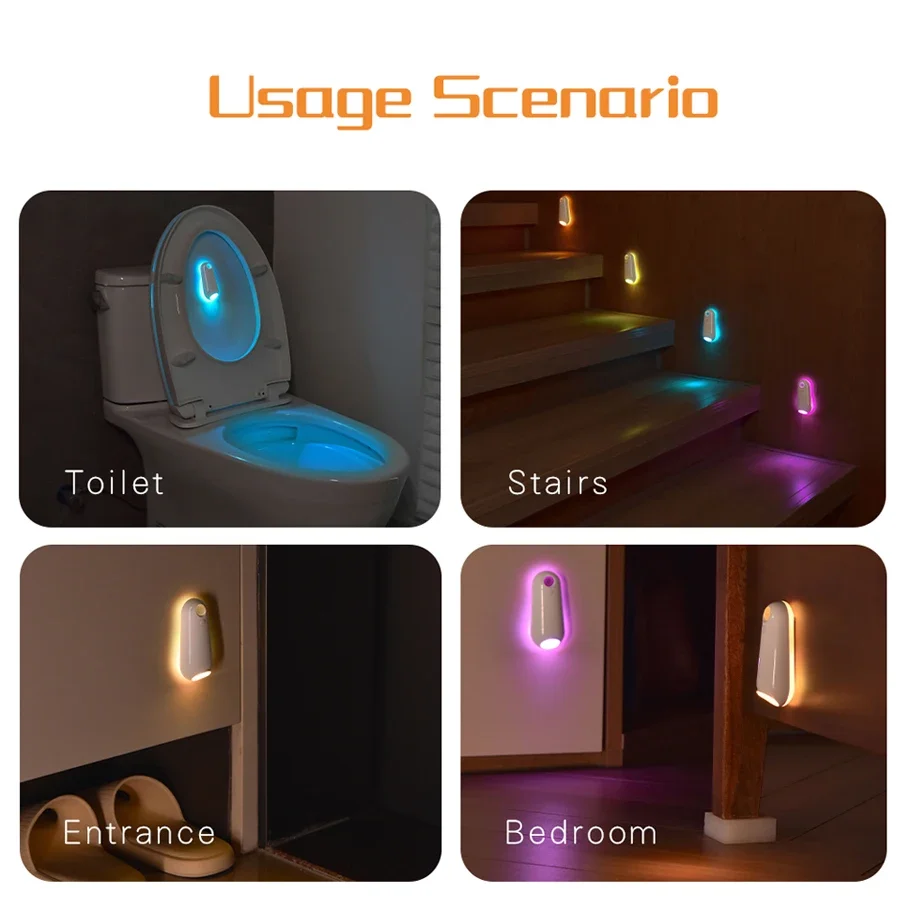 Lámpara Led inteligente para inodoro, luz nocturna RGB con Sensor de movimiento para baño y baño, 8 colores, inalámbrica, recargable por USB, resistente al agua