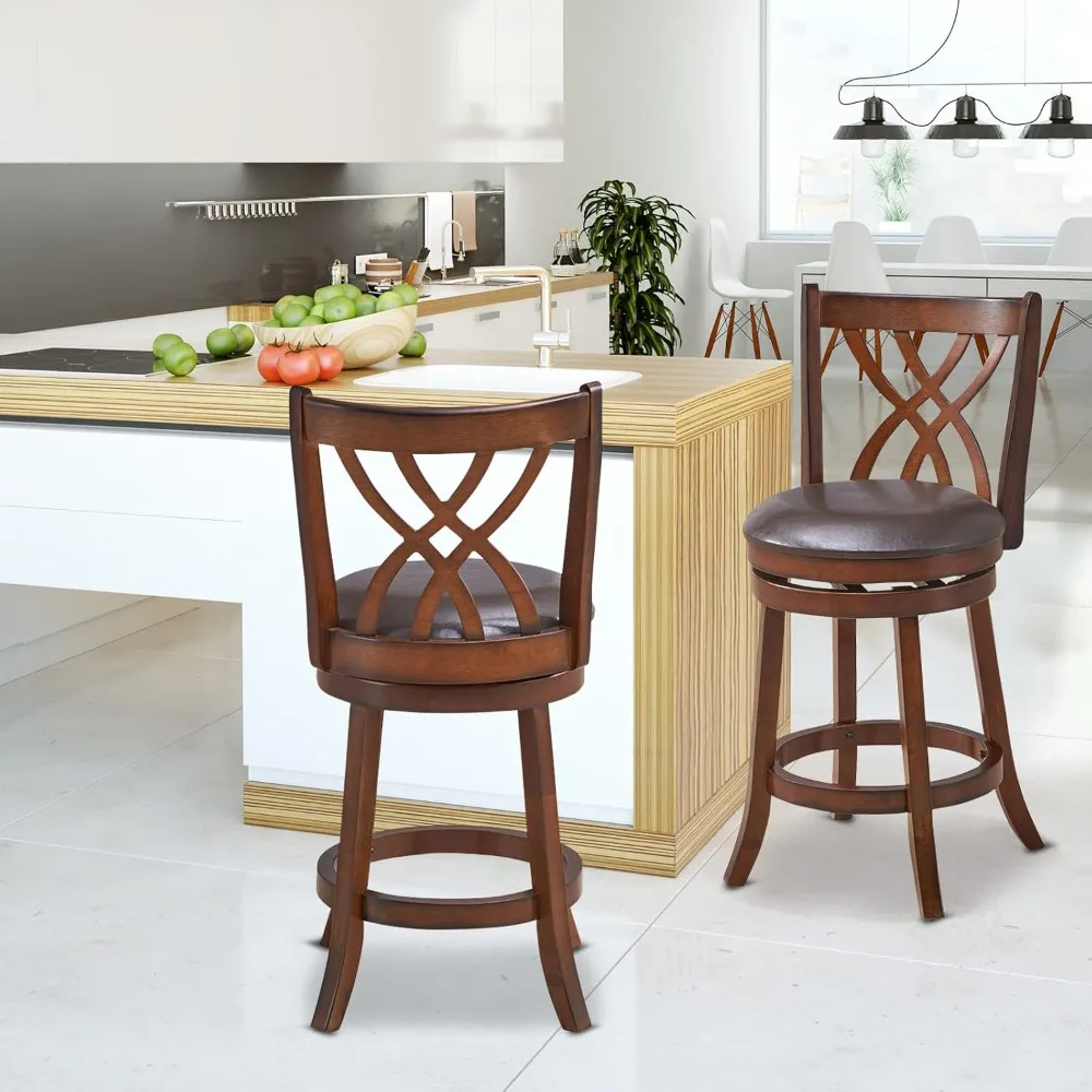 Bar Stools Set of 4, 360° Swivel Chairs with Rubber Wood Frame, 26 in PU Leather Cushioned Seat and Footrests, for Kitch