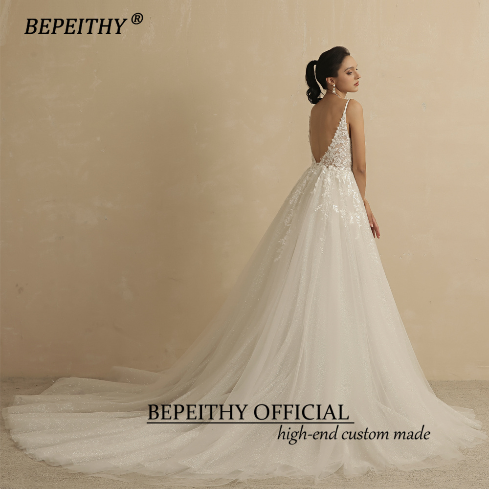 BEPEITHY Personalizzato Scollo A V Cinghie di Spaghetti Una Linea di Abiti Da Sposa In Pizzo Per Le Donne 2024 Shinny Senza Maniche Boho Abito Da Sposa Del Partito