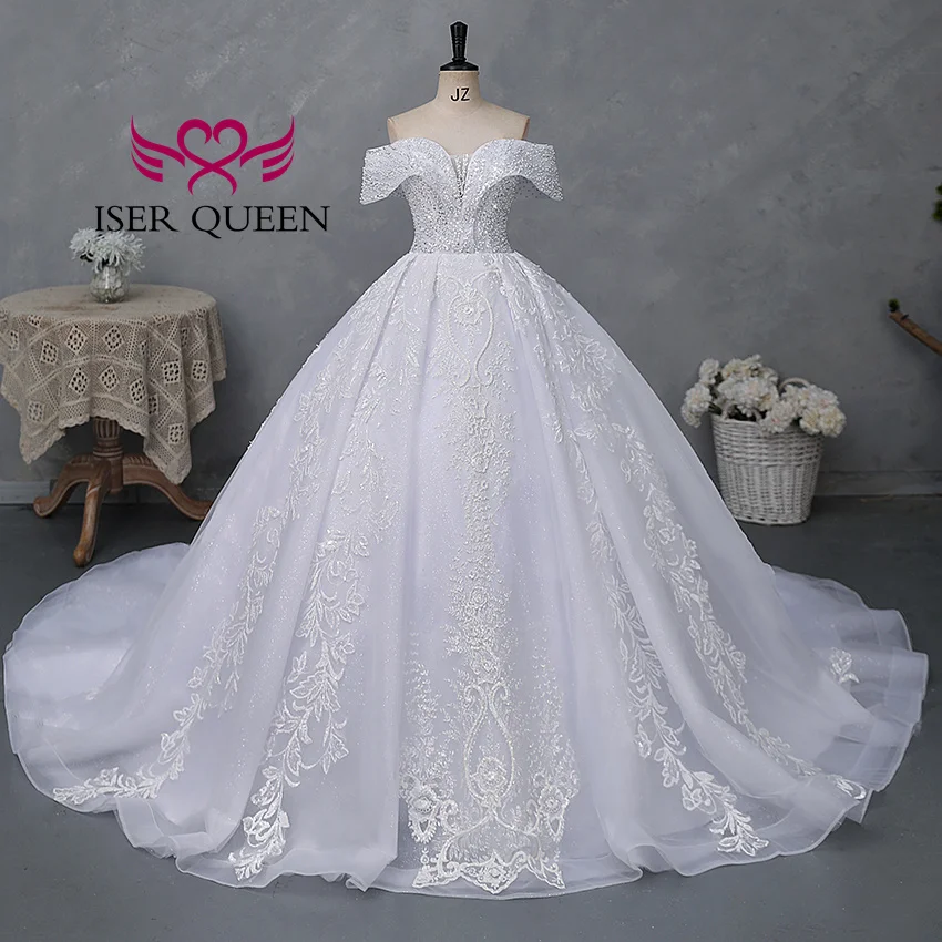 Abiti da sposa di lusso personalizzati con scollo a V profondo moda americana 2025 con spalle scoperte abito da sposa con perline pesanti abito da ballo WX0465