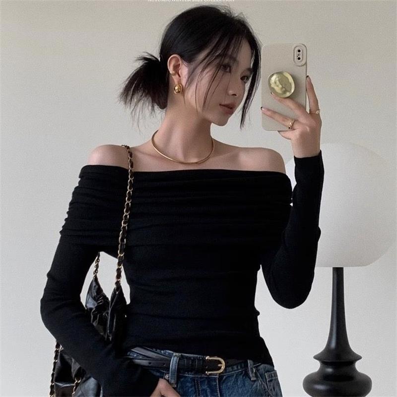 Zwart Sexy Tops Off Schouder T-shirt met lange mouwen Dames Effen Elegant Herfst/Winter Nieuw Pittig Meisje Slim Fit Korte Rode Crop Top