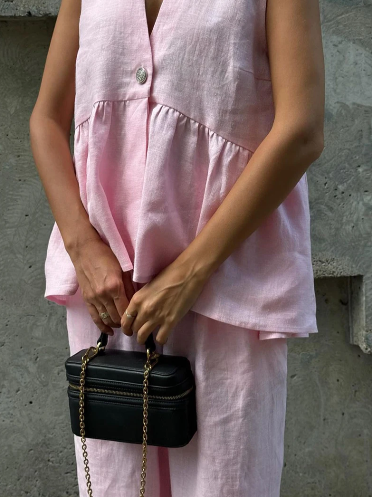 Solto rosa algodão linho 2 peça conjunto feminino verão chique outfit 2025 nova moda sem mangas regata com cintura alta calças largas conjunto