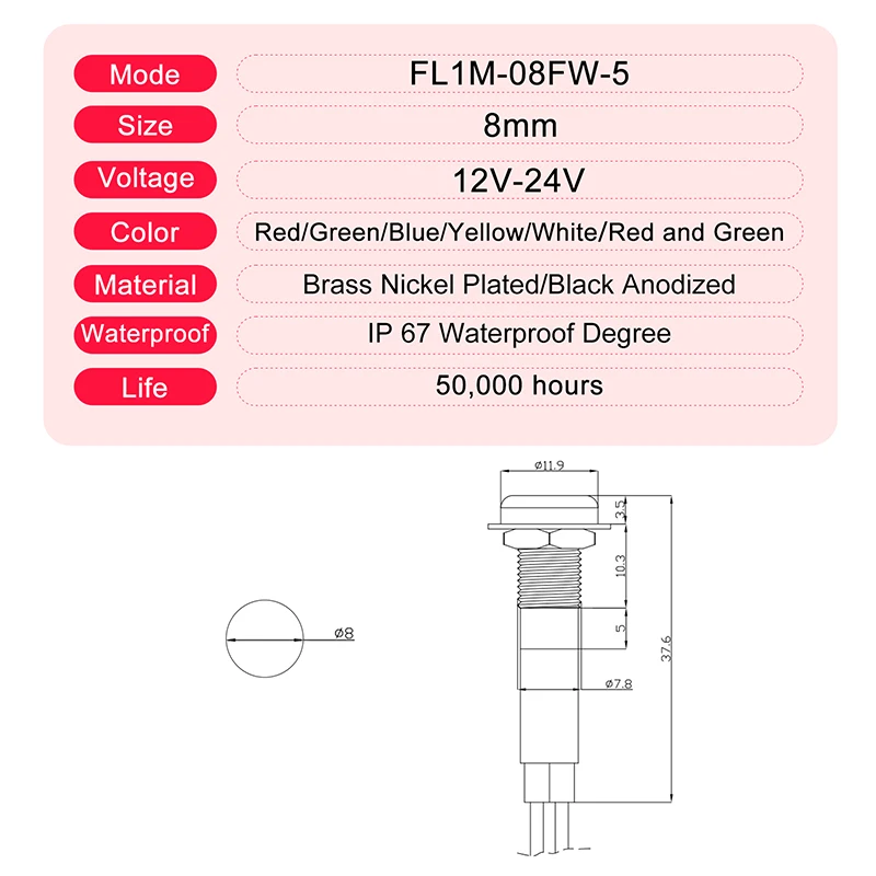 FILN 8 ミリメートル黒ハウジング Led 赤黄白青緑 12 ボルトインジケータライトと 20 センチメートルケーブル