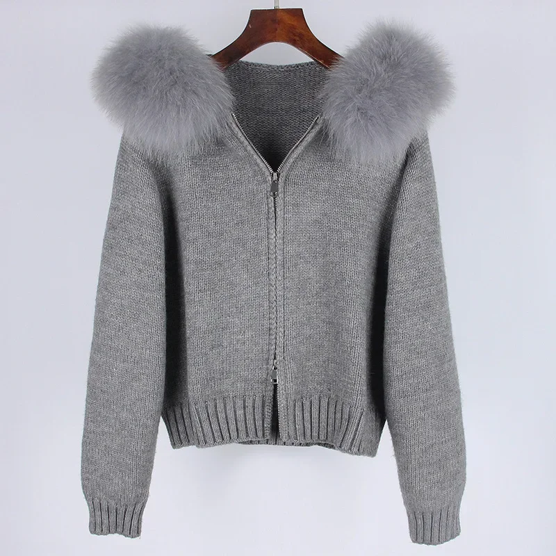 2024 moda americana outono inverno feminino casual com capuz gola de pele de raposa real moda jaqueta curta de malha com casaco de pele natural