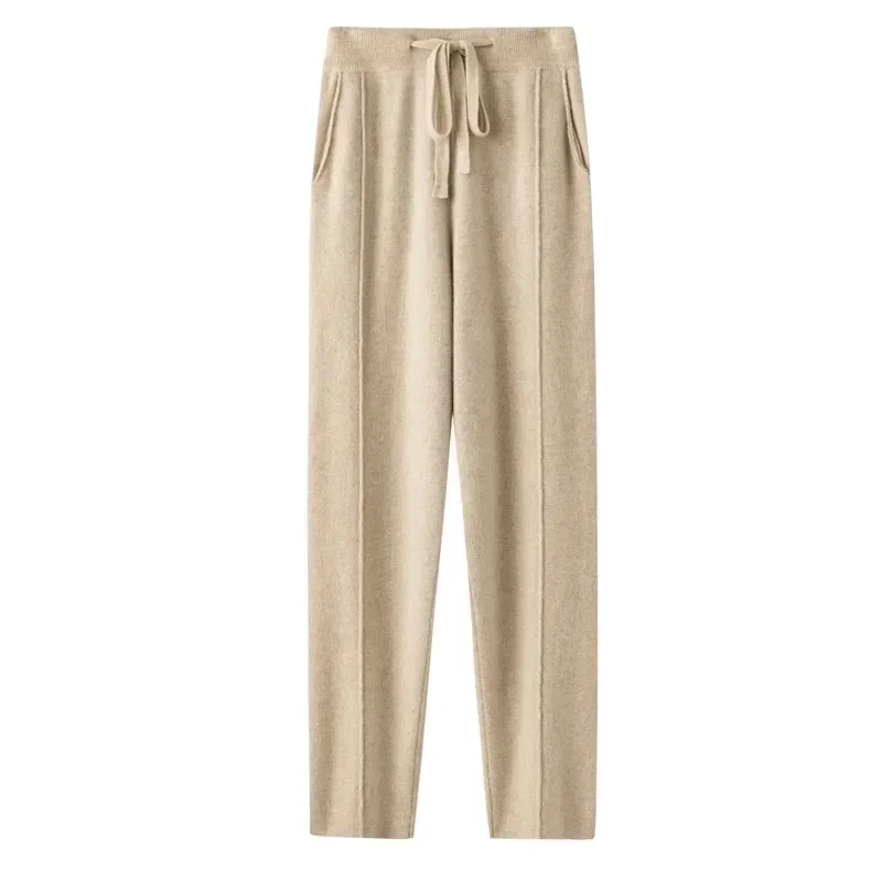 Pantalones de chándal de Cachemira para mujer Otoño Invierno 2023 nueva moda pantalones con cordón de cintura alta pantalones Harem de punto informales