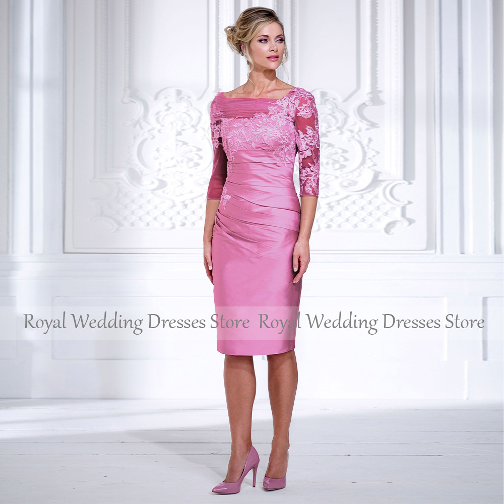 Silber Mutter der Braut Kleider Knielangen 3/4 Ärmeln Elegante Hochzeit Gast Kleider Mantel/Spalte Applique Kurze Party kleid