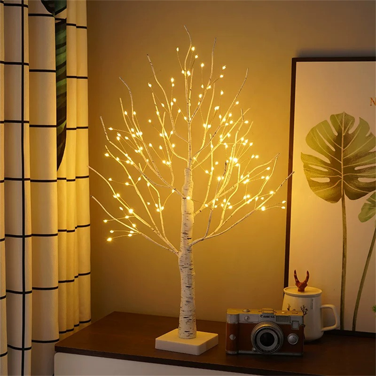 Simulación LED de árbol de abedul para dormitorio, sala de estar, decoración de fiesta, batería, USB de doble uso, ambiente cálido y romántico ·