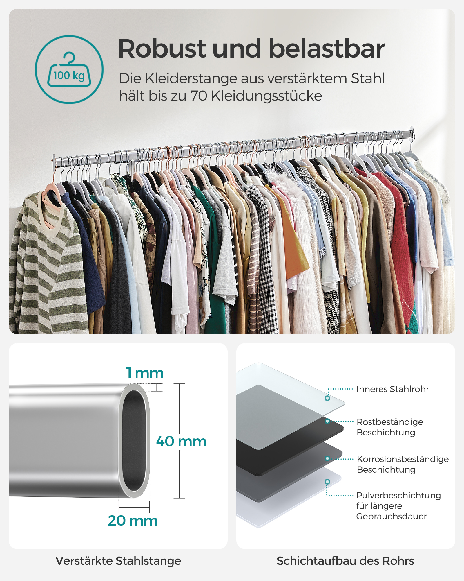 SONGMICS Kleiderständer auf Rollen, Schwerlast-Garderobenständer, ausziehbare Kleiderstange, bis 100 kg belastbar