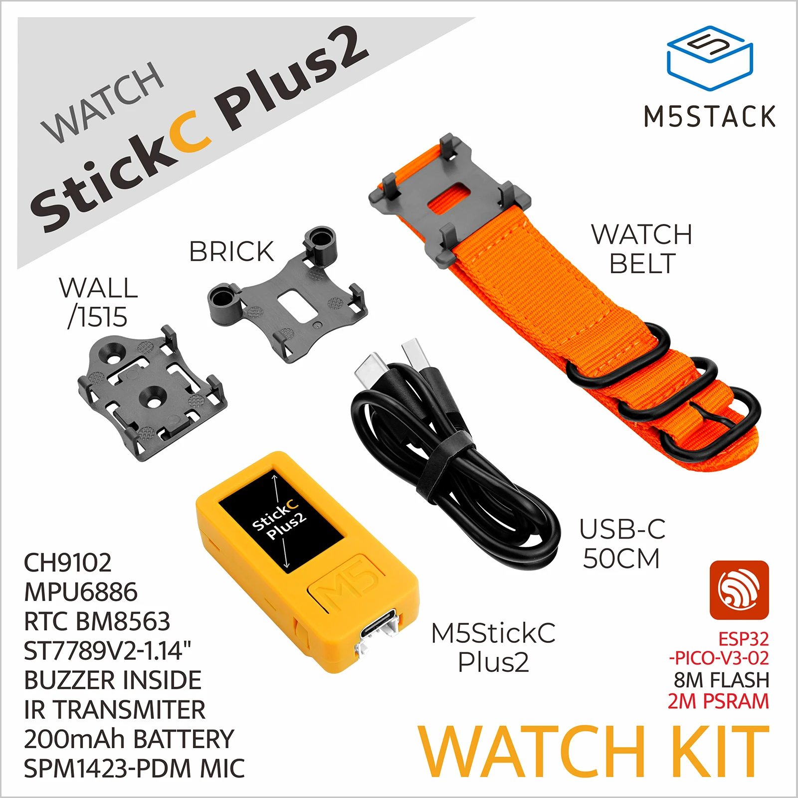 Официальный M5Stack M5StickC PLUS-PLUS2 с аксессуарами для часов Мини-комплект для разработки IoT 1,14-дюймовый TFT-экран Контроллер IoT
