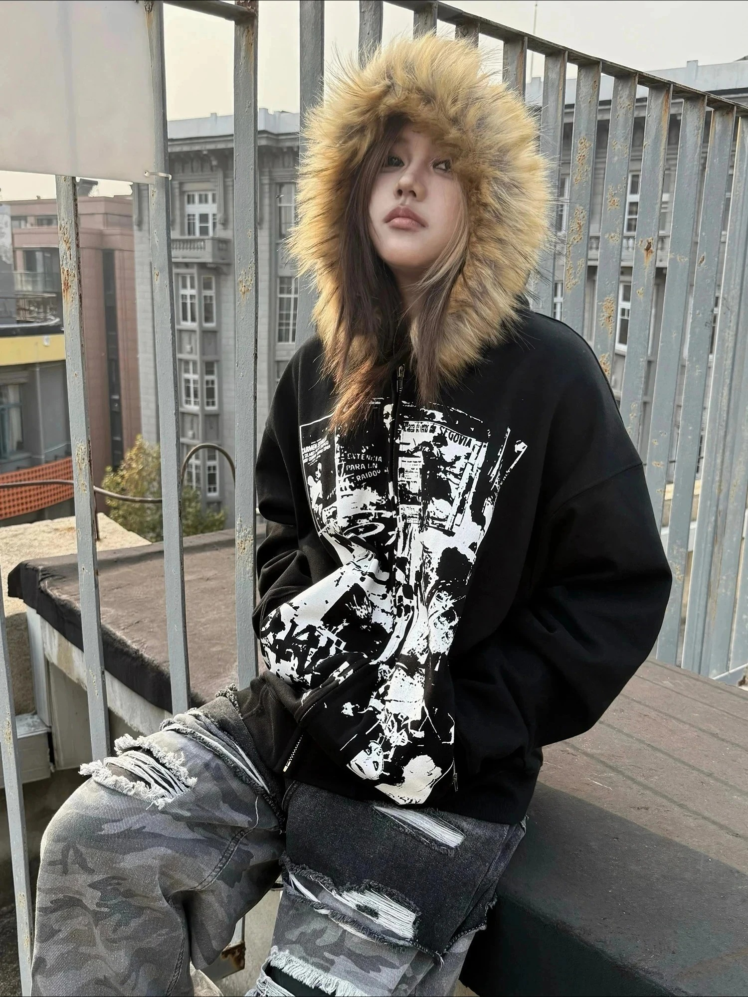 Moda coreana sweatshirts harajuku gótico impresso casacos jaquetas subcultura vintage pele do falso com capuz feminino casual roupas y2k
