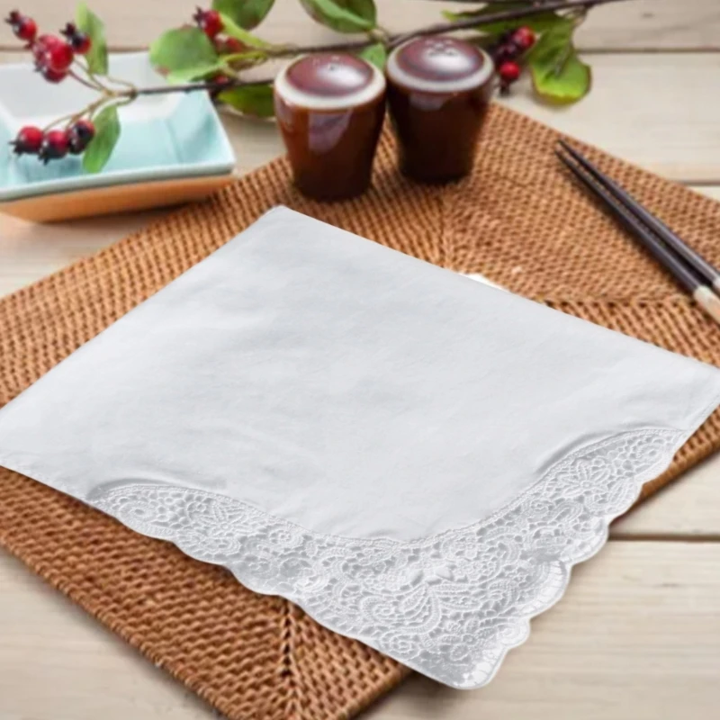 Pañuelos elegantes algodón con adornos encaje para mujer, pañuelos delicados con borde encaje flores, pañuelos con