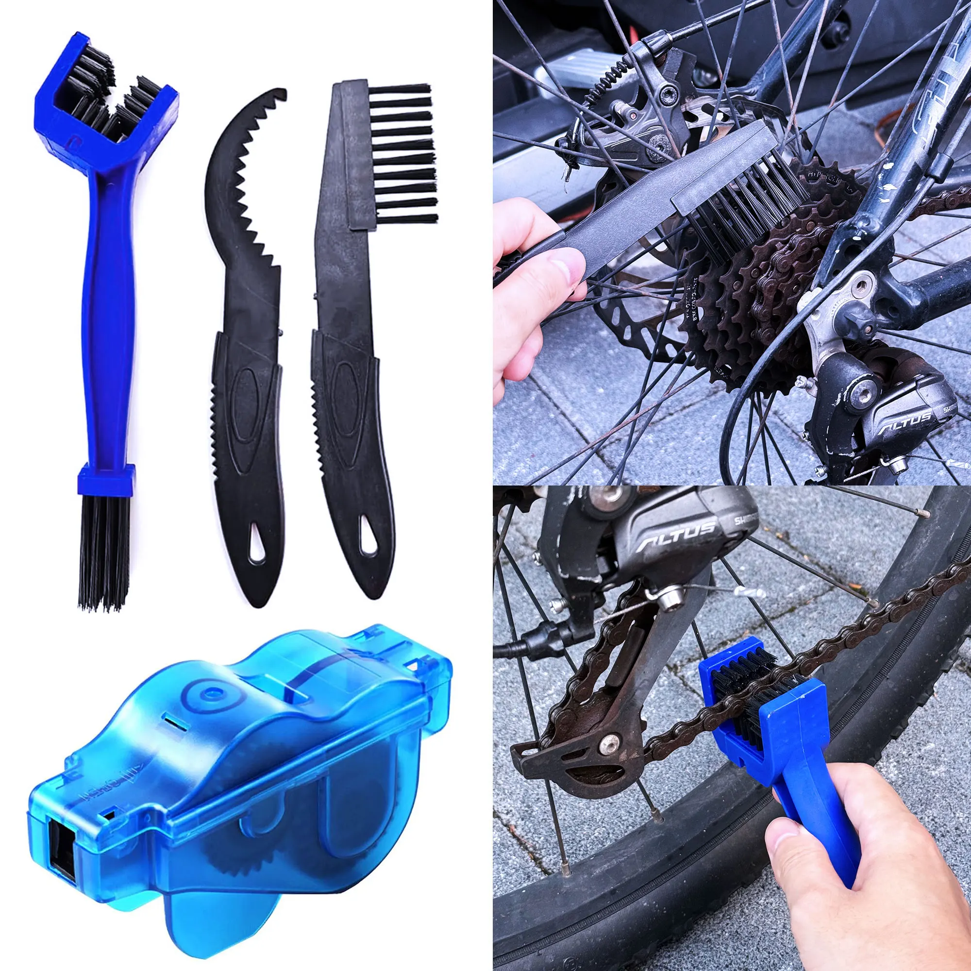 Kit de limpeza de corrente de bicicleta, correntes fáceis e de limpar rapidamente, escova de engrenagem, conjunto de ferramentas de limpeza de manutenção para bicicleta de estrada e montanha