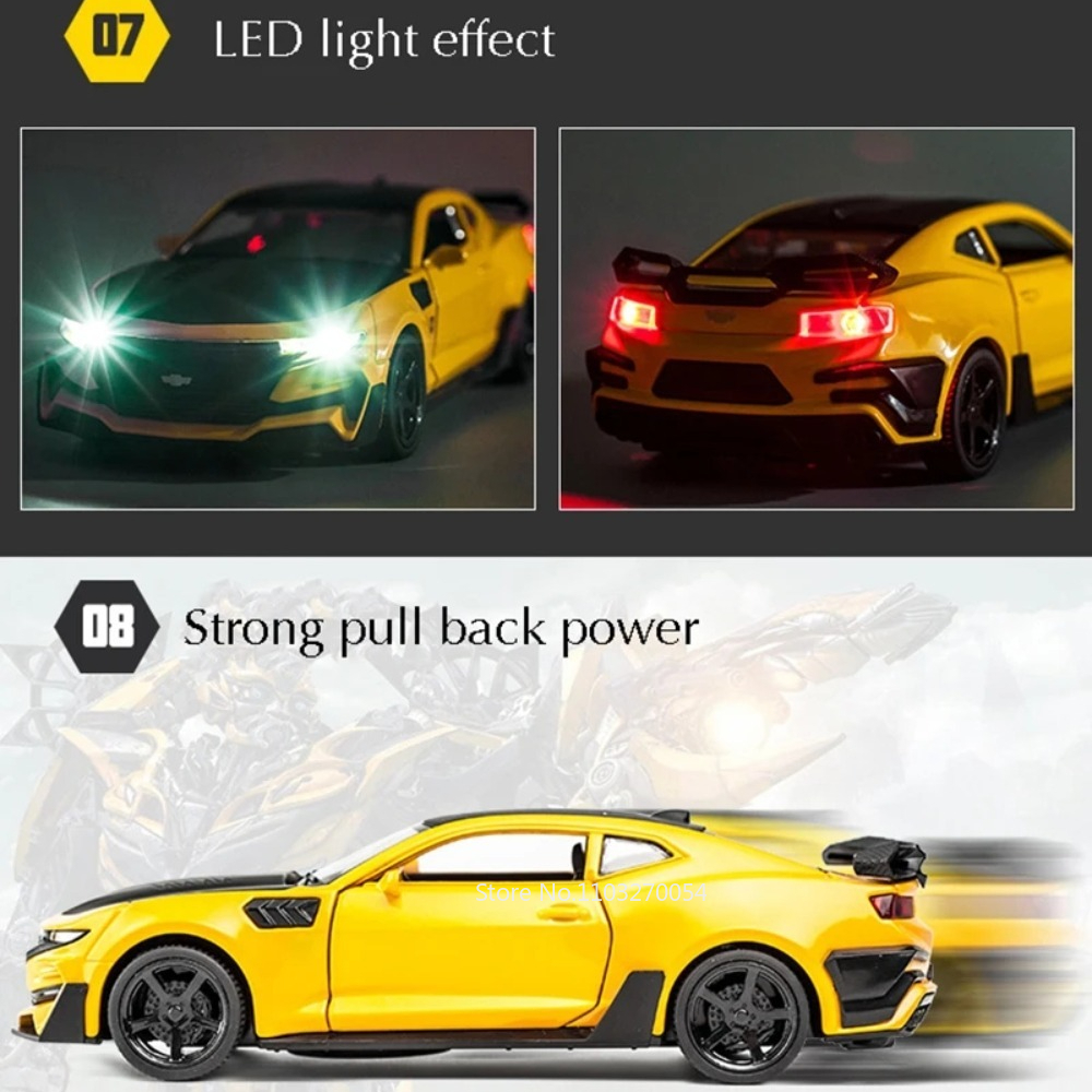 Scale 1/32 Camaro Toys Model Car Alloy Metal Diecast With 4 Door Opened Sound Light Pull Back Vehicle for Boy Gift Collection