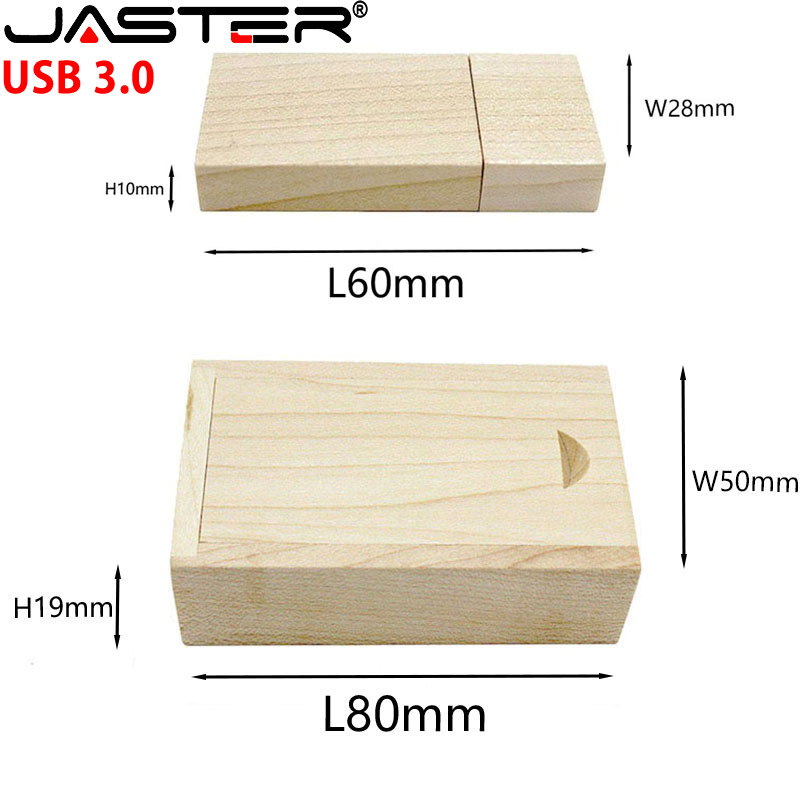 Unidades Flash JASTER USB 3,0 de madera con caja de madera, unidad colgante de 128GB, logotipo gratis, memoria de 64GB y 32GB, regalo de fotografía de boda, disco U