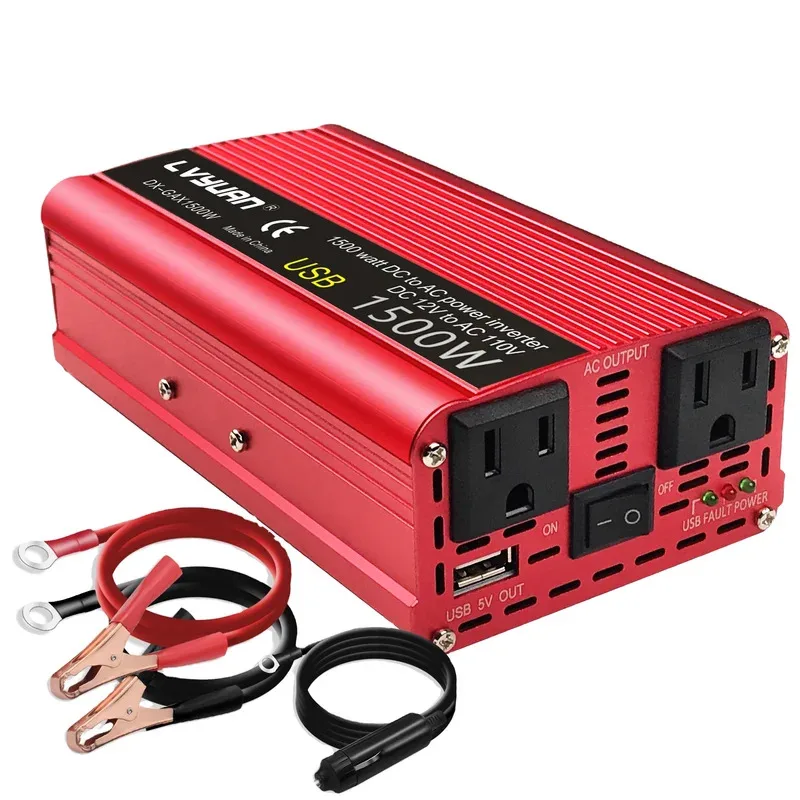12v 24V 220V อัพอินเวอร์เตอร์ไฟฟ้าดัดแปลง 1500 วัตต์พร้อมเครื่องชาร์จแบตเตอรี่