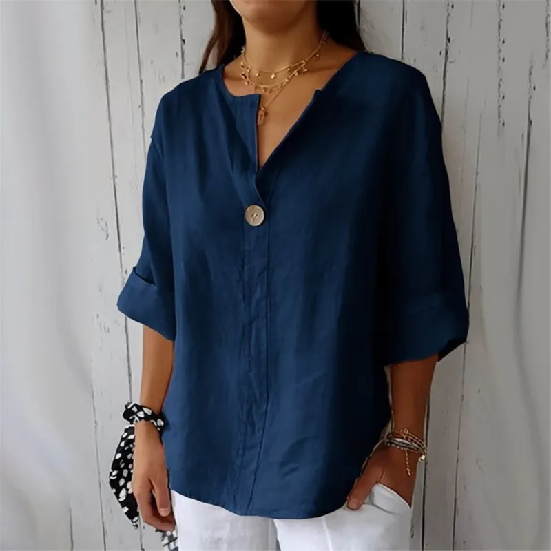 Sommer Baumwolle Leinen Blusen Für Frauen 2025, Plus Größe V-ausschnitt Taste T-shirts Casual Halbe Hülse Schwarz Tops Lose Frauen T Shirt
