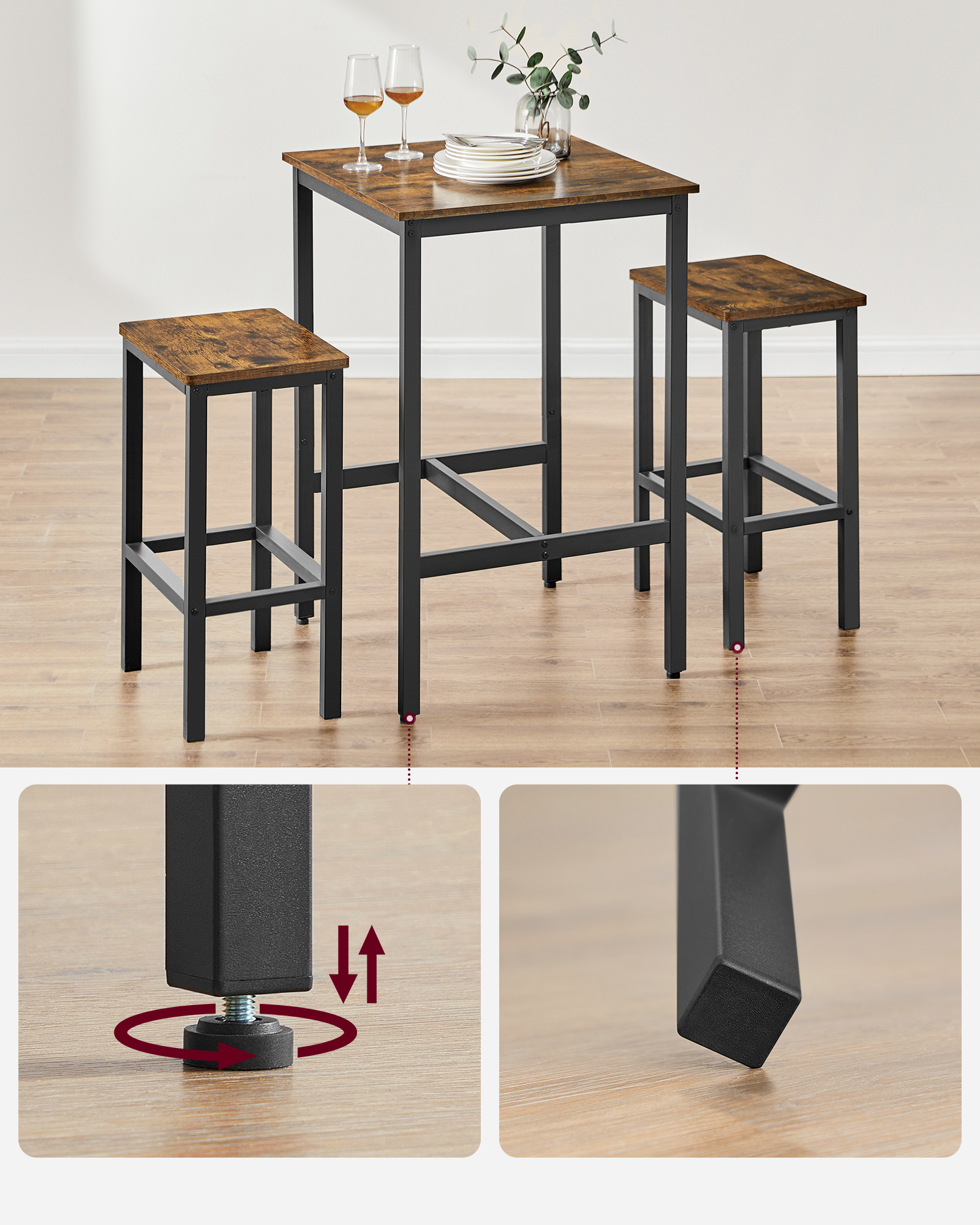 VASAGLE Bartisch mit Barhocker-Set, Esstisch mit 2 Stühlen, Küchentisch klein, Barstühle, für Esszimmer, Küche