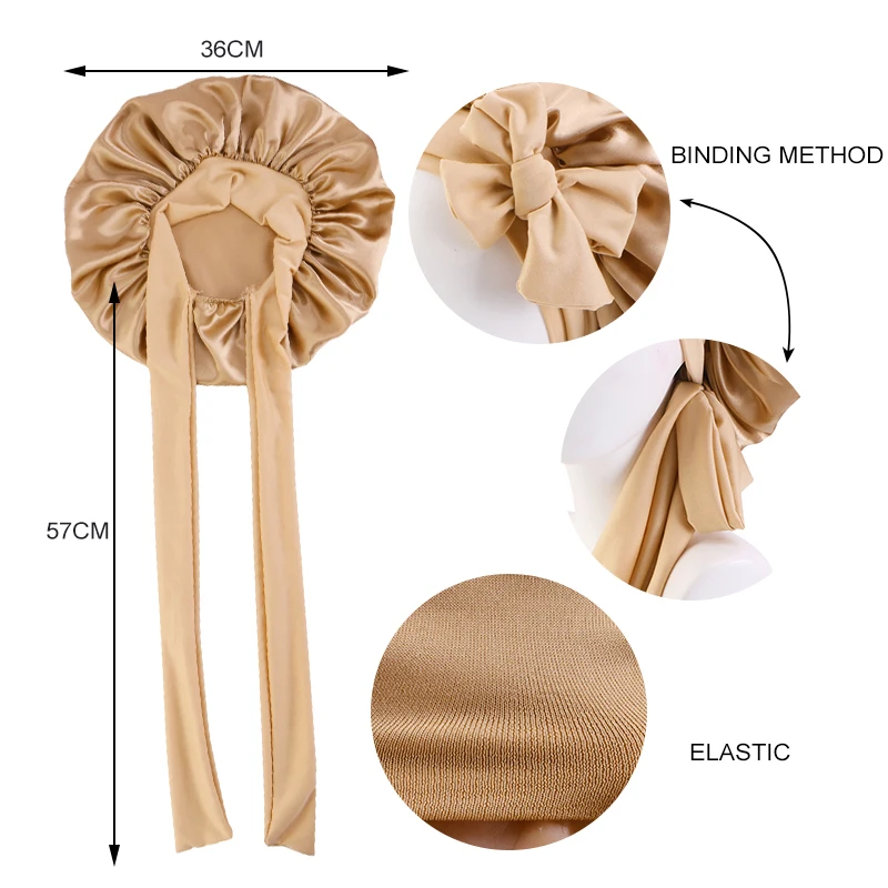 Novo chapéu de dormir feminino de cetim sólido com faixa de gravata elástica touca de banho noturna ajustável capa de cabeça de cabelo turbante