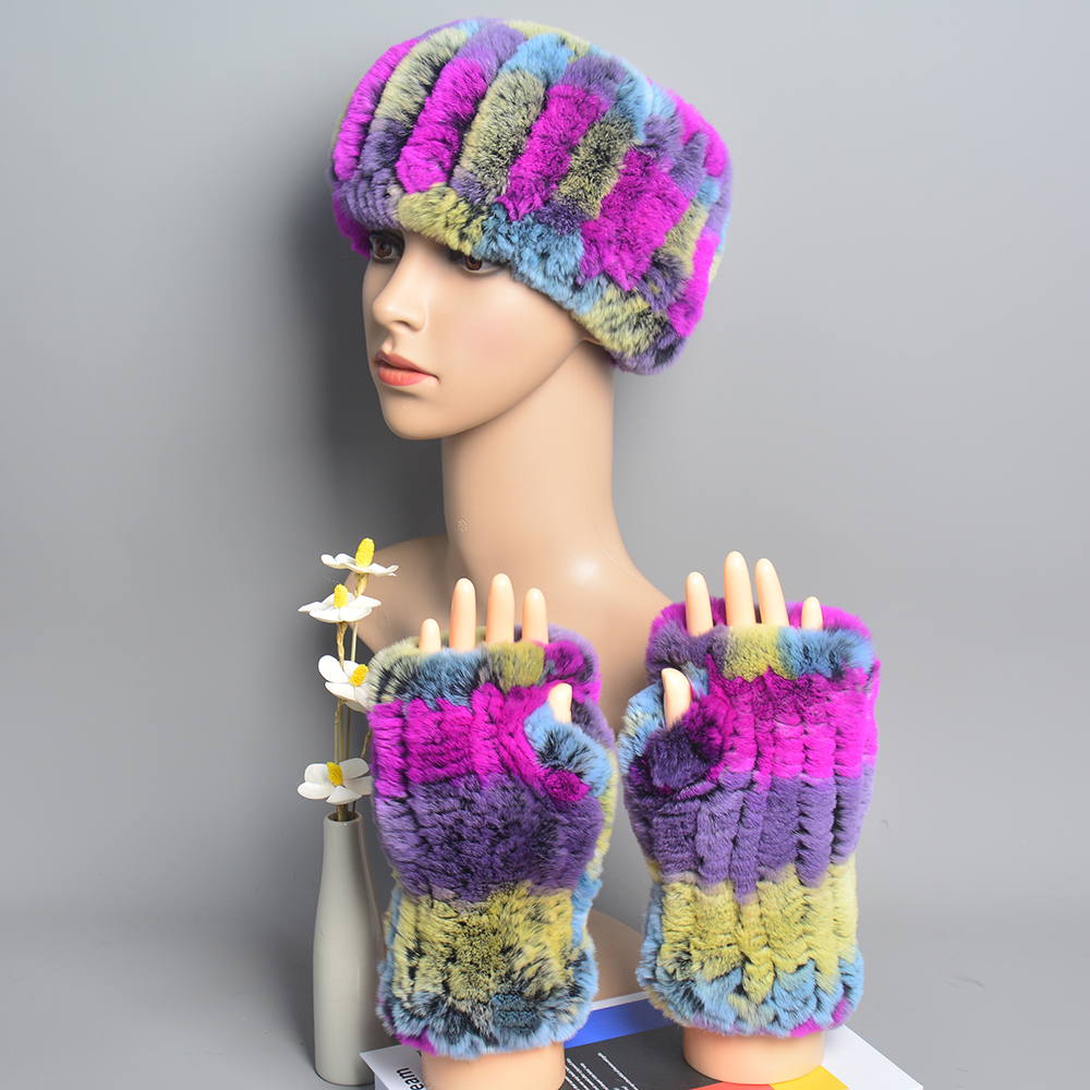 Een Set Vrouwen Real Rex Konijnenbont Manchet + Hoofdband Winter Warmer Hoed Arm Pols Mouw Handschoenen Vrouwelijke Echt Bont cap + Elastische Polsband