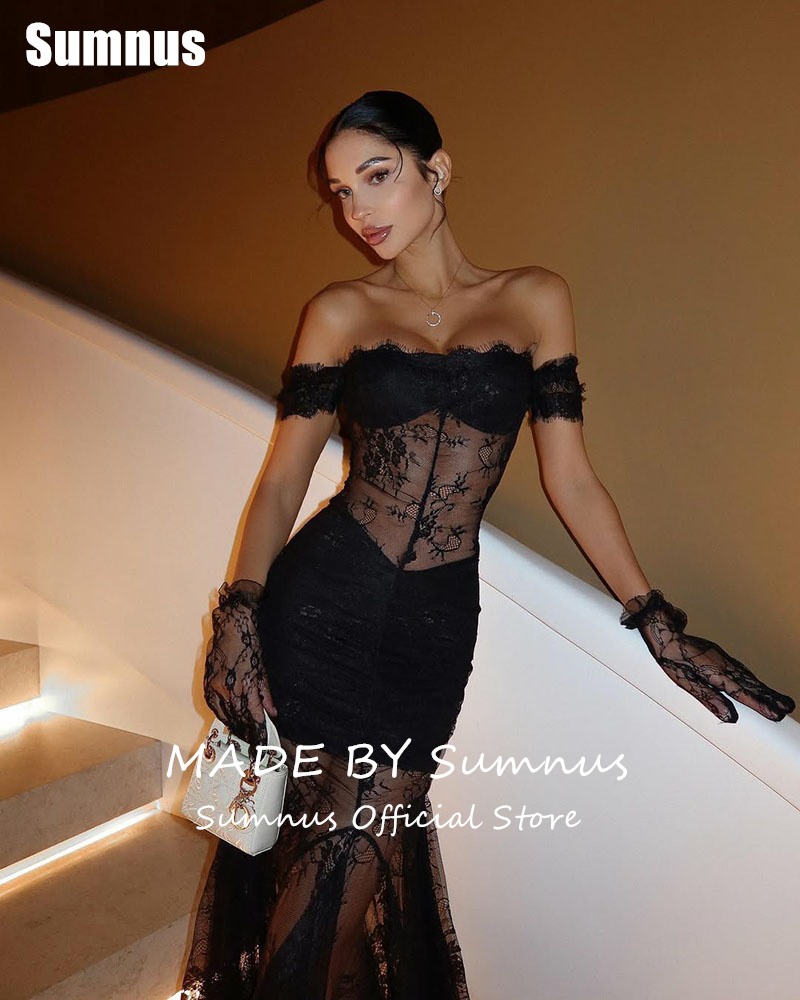 SUMNUS ภาพลวงตาสีดํา Mermaid Prom ชุดลูกไม้ Elegant Off ไหล่เซ็กซี่ชุดราตรี Gowns อย่างเป็นทางการที่กําหนดเอง