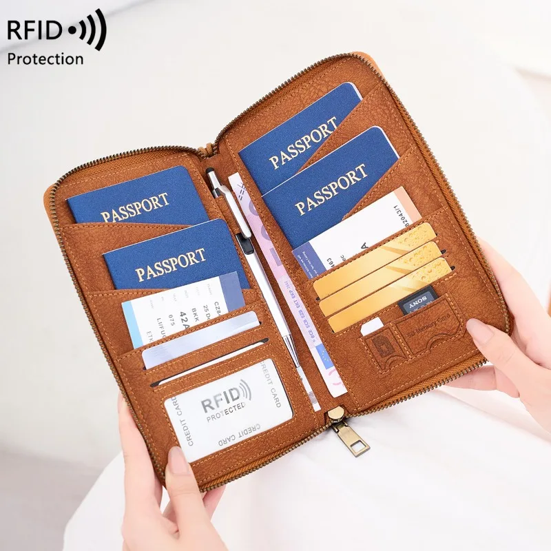 Bolsa para passaporte com bloqueio RFID, porta documentos de viagem e carteira de armazenamento de bilhetes com zíper longo, passaportes múltiplos