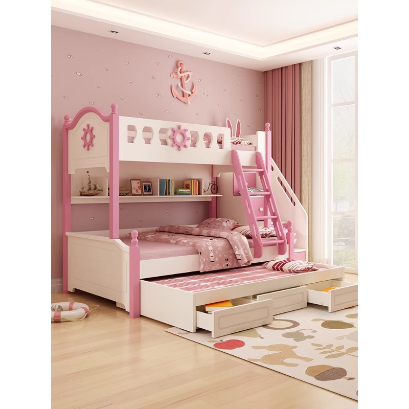 Hoch- und Niedrigbett Kinderbett Kinderbett Kleine Wohnung Mutter und Kind Interlaced zweilagiges blau-rosa Etagenbett