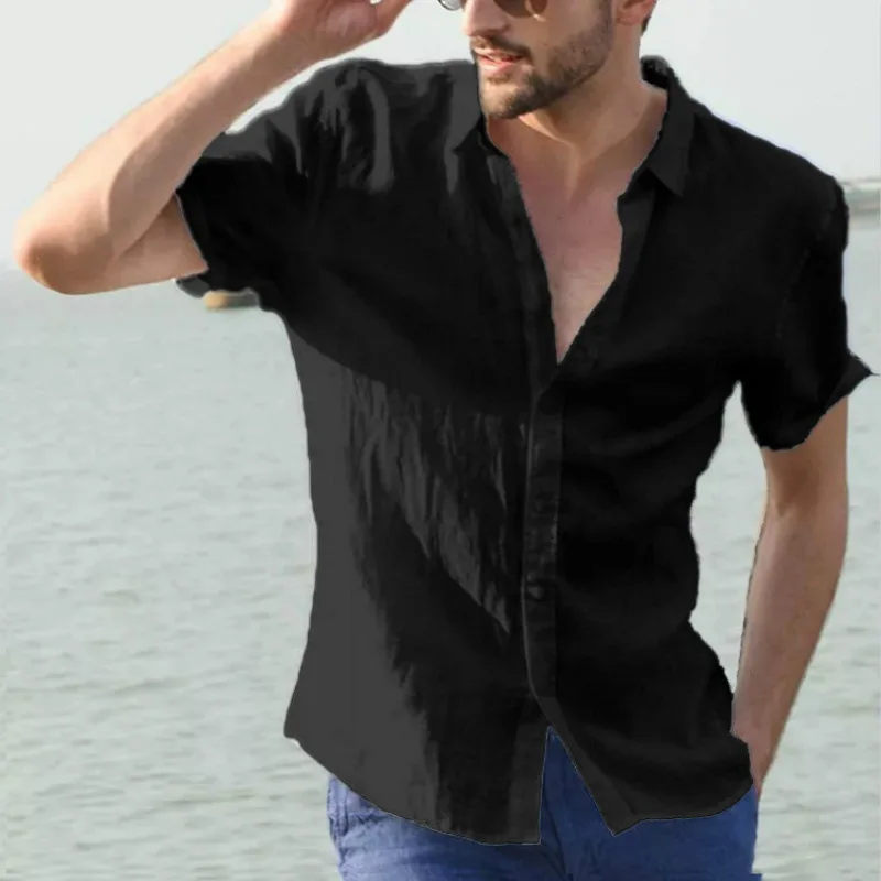 Camicia casual a maniche corte da uomo Street Wear Camicia con bottoni in cotone e lino tinta unita per uomo Camicetta da vacanza vintage M-3XL